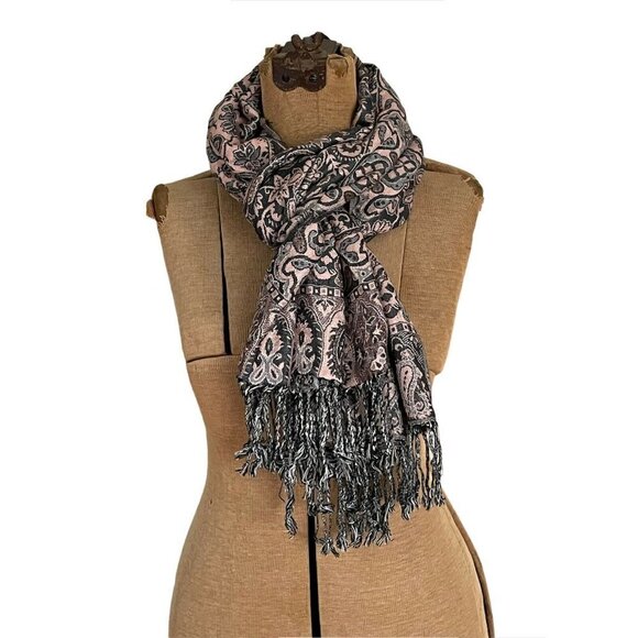 Pale Pink & Blue Boho Floral Paisley Pashmina Wrap - Picture 1 of 12